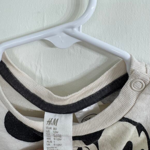 H&M Disney Mickey Mouse White Long Sleeve Shirt Top Size 12 Months 100% Cotton - Picture 3 of 5